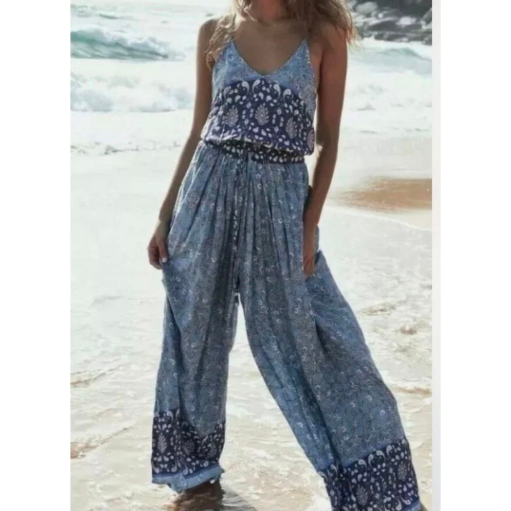 JAASE Wave Sapphire Print Jumpsuit Blue Purple Paisley Boho Hippie Wide Leg L